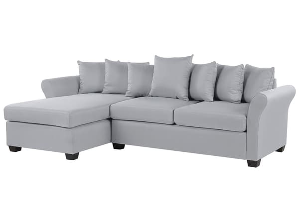 Hjørnesofa Lysegrå Polyesterstoff 3-seter Trekonstruksjon Svarte ben Sjeselong Puter med avtakbare trekk Minimalistisk stil Sofa Stue