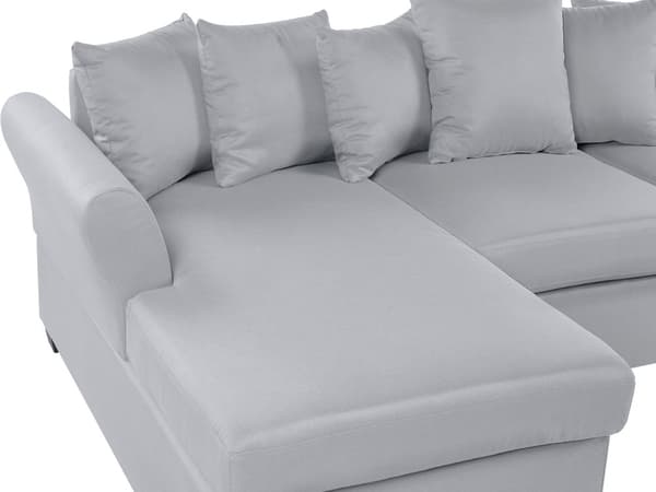 Hjørnesofa Lysegrå Polyesterstoff 3-seter Trekonstruksjon Svarte ben Sjeselong Puter med avtakbare trekk Minimalistisk stil Sofa Stue
