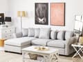 Miniatyrbilde 2 av 10: Hjørnesofa Lysegrå Polyesterstoff 3-seter Trekonstruksjon Svarte ben Sjeselong Puter med avtakbare trekk Minimalistisk stil Sofa Stue