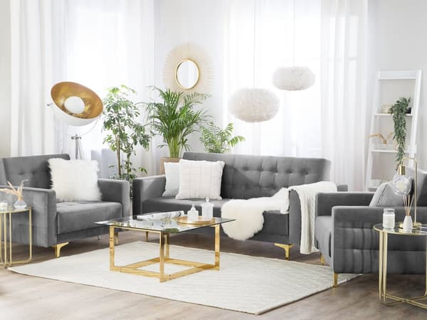 Stuesett Grå Fløyel Tuftet Stoff 3-seters Sovesofa 2 Lenestoler Moderne 3-delt Suite
