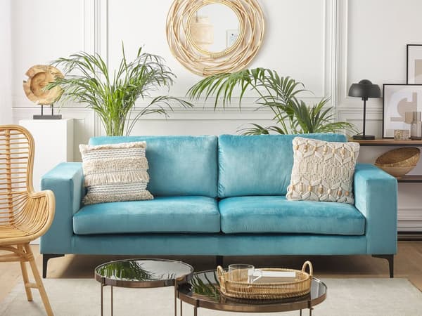 Sofa Lyseblå Fløyelsstoff med 3-seters Polstring og Spilearmer med Svarte Metallben Moderne Stue