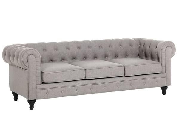 Chesterfield Stuesett Lysegrå Grå Møbeltrekk Mørkt Tre Ben 3-seters Sofa + Lenestol