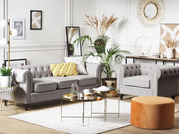 Chesterfield Stuesett Lysegrå Grå Møbeltrekk Mørkt Tre Ben 3-seters Sofa + Lenestol