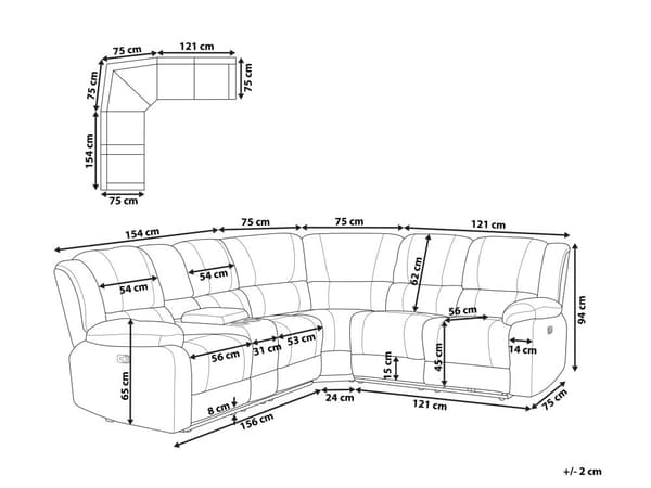Sofa med Manuell Hvilestol Grå Hjørnesofa Stoff 5-seter Armlener Koppholder USB-port
