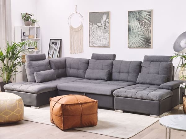 Hjørnesofa Grått Stoff U-formet Justerbar nakkestøtte oppbevaring tykke puter med puter