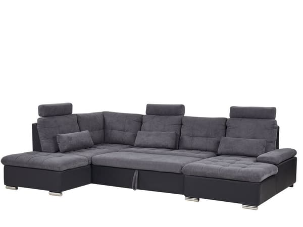 Hjørnesofa Grått Stoff U-formet Justerbar nakkestøtte oppbevaring tykke puter med puter