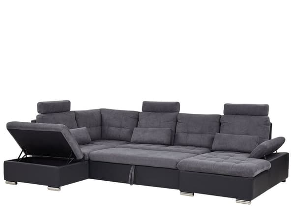 Hjørnesofa Grått Stoff U-formet Justerbar nakkestøtte oppbevaring tykke puter med puter