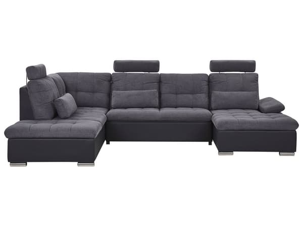 Hjørnesofa Grått Stoff U-formet Justerbar nakkestøtte oppbevaring tykke puter med puter