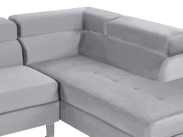 Hjørnesofa i grå fløyel L-formet 5-seter Justerbare nakkestøtter og armlener Moderne stue sofa