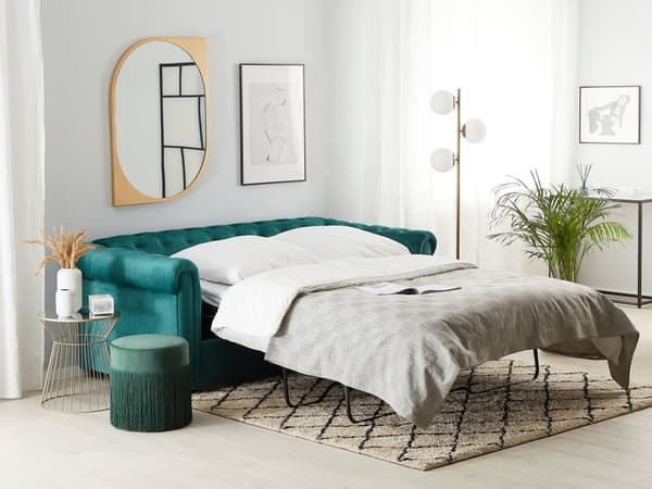 Chesterfield Sovesofa Grønn Fløyel Stoff Møbeltrekk Mørkt Tre Ben 3-seter med Madrassputer Moderne