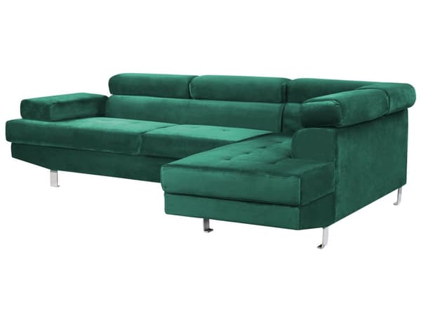 Hjørnesofa Grønn fløyel L-sofa med 5 seter Justerbare nakkestøtter og armlener Moderne stue sofa
