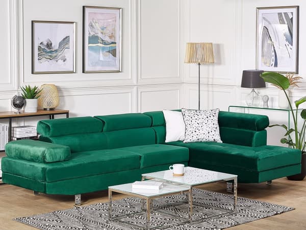 Hjørnesofa Grønn fløyel L-sofa med 5 seter Justerbare nakkestøtter og armlener Moderne stue sofa