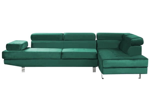 Hjørnesofa Grønn fløyel L-sofa med 5 seter Justerbare nakkestøtter og armlener Moderne stue sofa