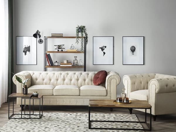 Chesterfield Sofa Beige Stoff Møbeltrekk Mørkt Tre Ben 3-seters