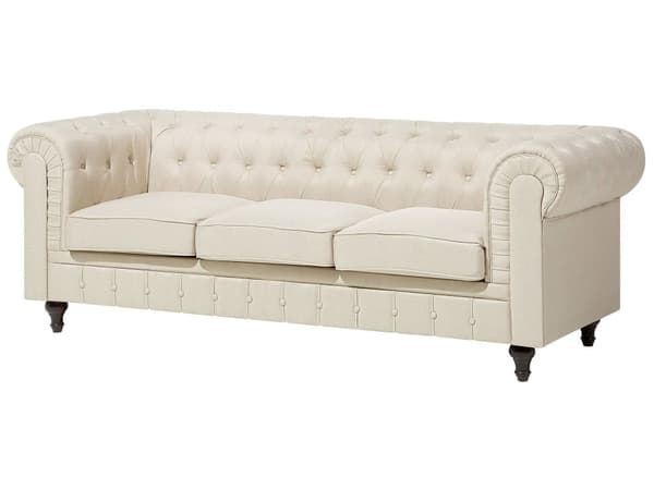 Chesterfield Sofa Beige Stoff Møbeltrekk Mørkt Tre Ben 3-seters