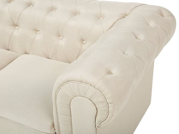 Chesterfield Sofa Beige Stoff Møbeltrekk Mørkt Tre Ben 3-seters