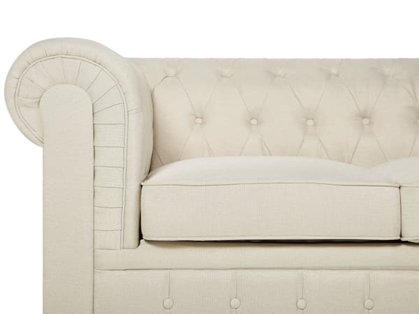 Chesterfield Sofa Beige Stoff Møbeltrekk Mørkt Tre Ben 3-seters