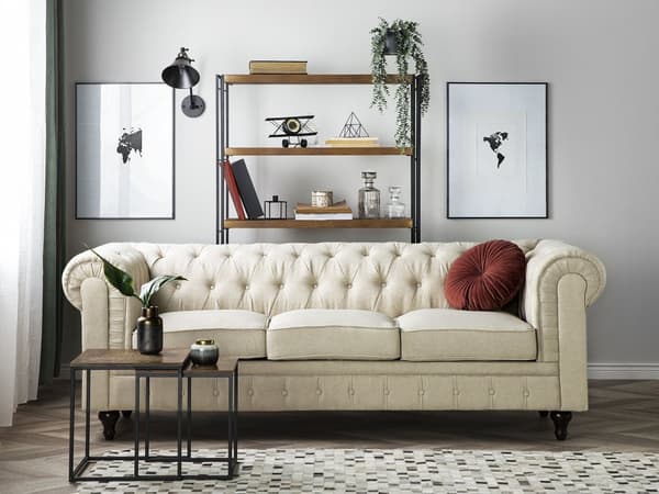 Chesterfield Sofa Beige Stoff Møbeltrekk Mørkt Tre Ben 3-seters