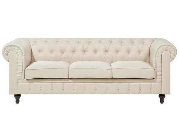 Chesterfield Sofa Beige Stoff Møbeltrekk Mørkt Tre Ben 3-seters