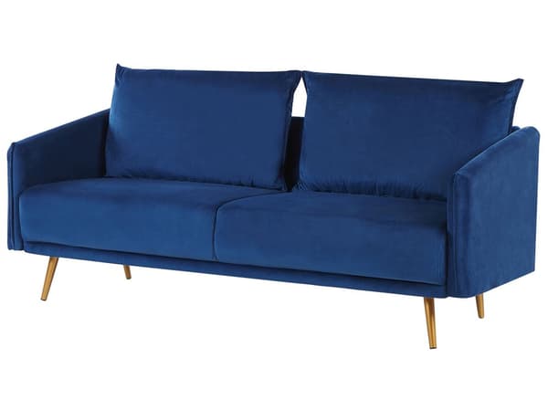 Sofa marineblå fløyel 3-seters ryggpolstret sete metallgyldne ben Retro Glam