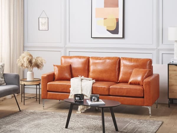 Sofa Brum Imitert Skinn 3-seters Polstret Sete Metallben med pynteputer