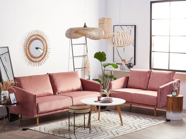 Sofa rosa fløyel 2-seters ryggpolstret sete metallgyldne ben Retro Glam
