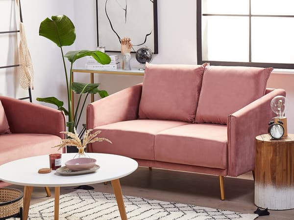 Sofa rosa fløyel 2-seters ryggpolstret sete metallgyldne ben Retro Glam