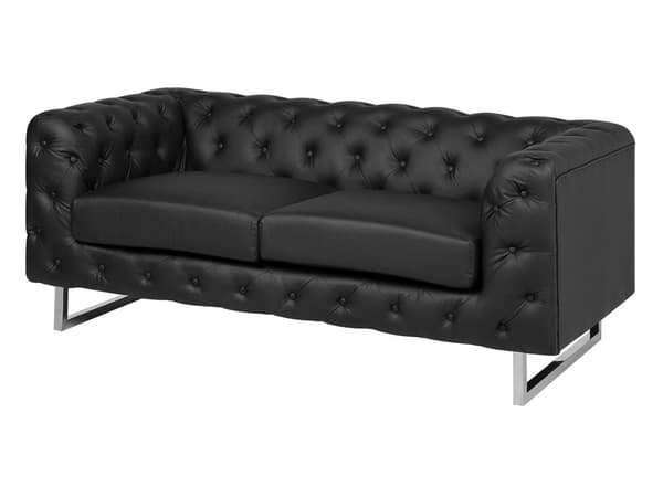 2-seters Chesterfield Sofa Svart Smokingarm Knappet Rygg Sølvben Kunstskinn