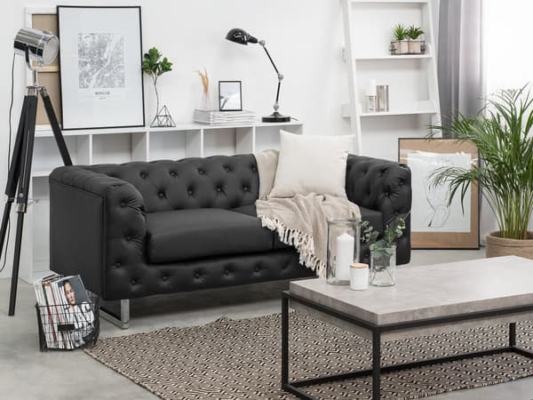 2-seters Chesterfield Sofa Svart Smokingarm Knappet Rygg Sølvben Kunstskinn