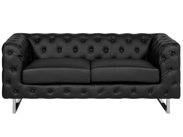 2-seters Chesterfield Sofa Svart Smokingarm Knappet Rygg Sølvben Kunstskinn