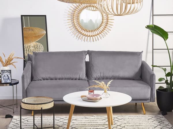 Sofa grå fløyel 3-seters ryggpolstret sete metallgyldne ben Retro Glam