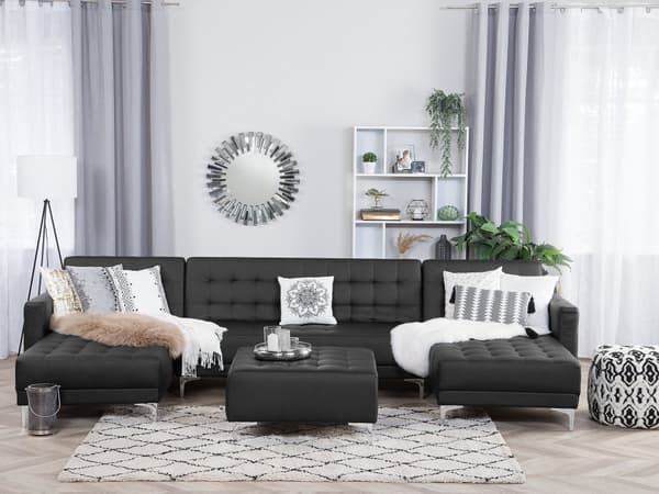 Hjørnesofa Svart Kunstskinn Tuftet Moderne U-formet Modulær 5-seter med sjeselonger