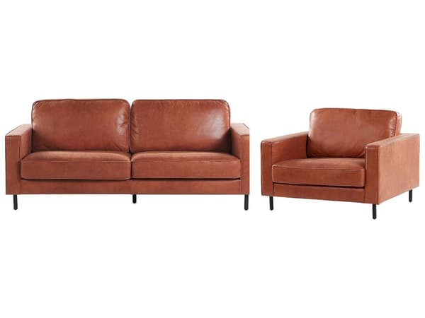 Sofasett Gyllenbrun Kunstlær Polyester 3-seters Sofa Lenestol Retro Stue Design