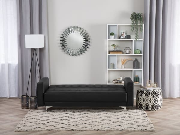 Sovesofa Svart Imitert skinn 3-seter Metallben Dekorative knapper Justerbar rygg Moderne design Stue Sofa