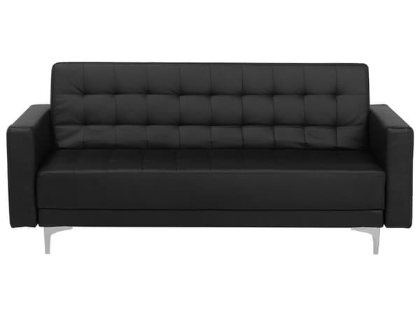 Sovesofa Svart Imitert skinn 3-seter Metallben Dekorative knapper Justerbar rygg Moderne design Stue Sofa