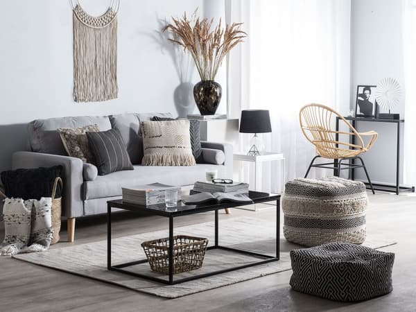 Sofa Grått Stoff med 2-seters Knappepolstring og 2 Puffer