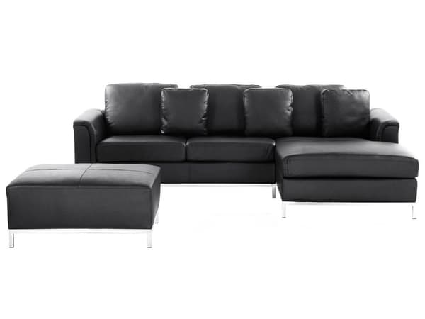 Hjørnesofa med svart skinnpolstring og ottoman L-formet venstreorientering