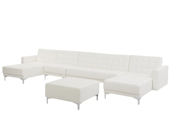 Hjørnesofa Hvit Kunstskinn Tuftet Moderne U-formet Modulær 6-seter med fotskammel og sjeselonger