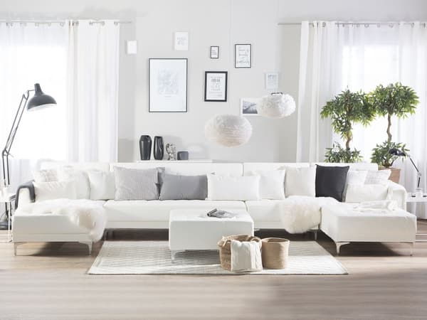 Hjørnesofa Hvit Kunstskinn Tuftet Moderne U-formet Modulær 6-seter med fotskammel og sjeselonger