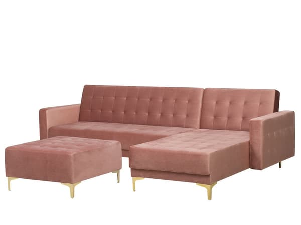 Hjørnesofa Rosa Fløyel Tuftet stoff Moderne L-form Modulær 4-seter med fotskammel Venstrevendt sjeselong