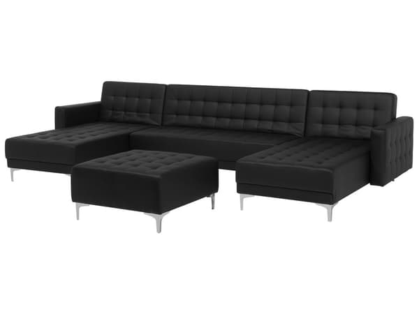 Hjørnesofa Svart Kunstskinn Tuftet Moderne U-formet Modulær 5-seter med fotskammel og sjeselonger
