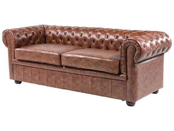 Chesterfield Sofa Brun Imitert Skinn Svarte Ben 3-seter Bredt Tykt Polstret Knapptuftet Venetiansk Barokkstil Stueinnredning