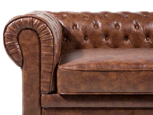 Chesterfield Sofa Brun Imitert Skinn Svarte Ben 3-seter Bredt Tykt Polstret Knapptuftet Venetiansk Barokkstil Stueinnredning