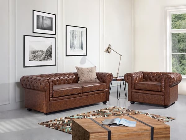 Chesterfield Sofa Brun Imitert Skinn Svarte Ben 3-seter Bredt Tykt Polstret Knapptuftet Venetiansk Barokkstil Stueinnredning