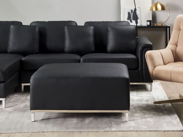 Hjørnesofa svart skinnpolstret med ottomansk L-sofa høyreorientering