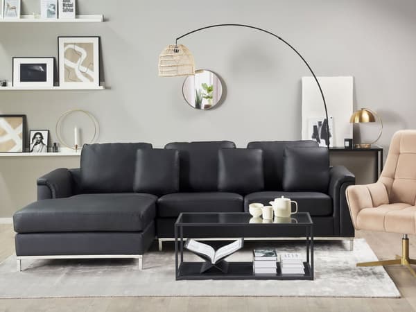 Hjørnesofa svart skinnpolstret med ottomansk L-sofa høyreorientering