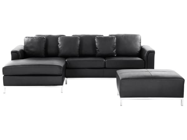 Hjørnesofa svart skinnpolstret med ottomansk L-sofa høyreorientering