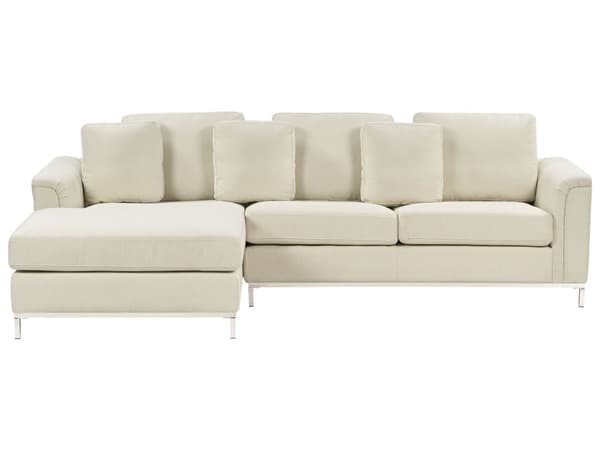Hjørnesofa i beige stoff med polstring L-formet, høyrevendt
