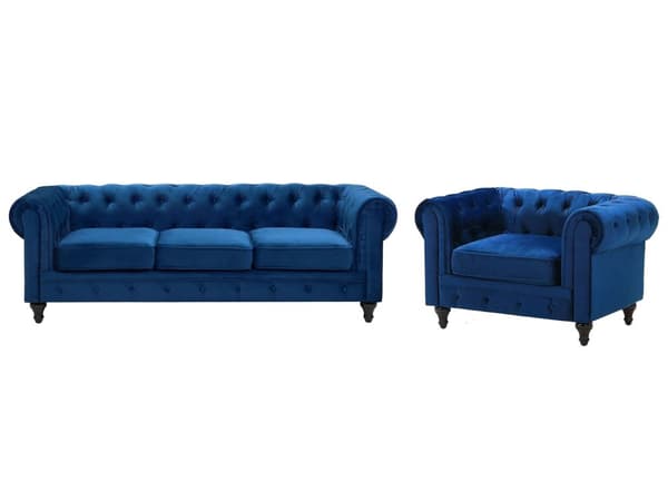 Chesterfield Stuesett Blå Fløyel Møbeltrekk 3-seters Sofa Lenestol