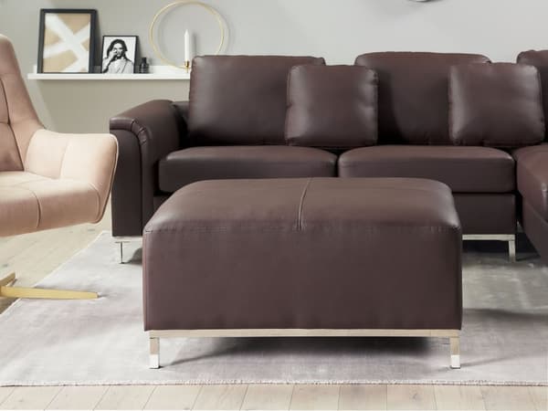 Hjørnesofa brun skinnpolstret med ottomansk L-formet venstreorientering